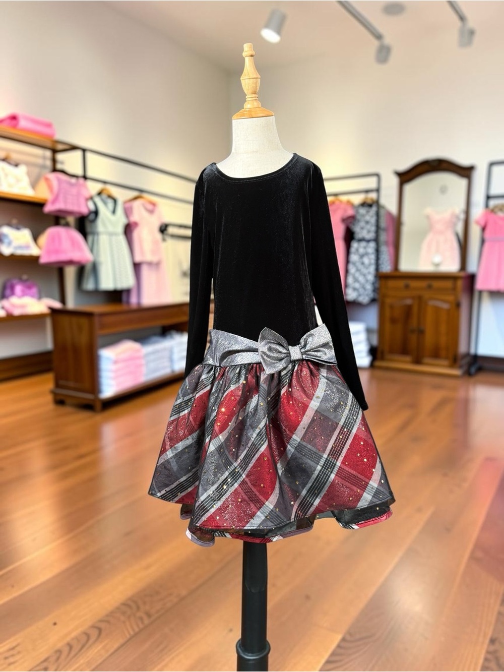 iris & ivy Black Velvet Bodice Dress with Red & Silver Plaid Skirt